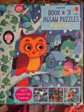 Usborne Nighttime Book & 3 Jigsaw Puzzles - Owl Design, Blue & Orange